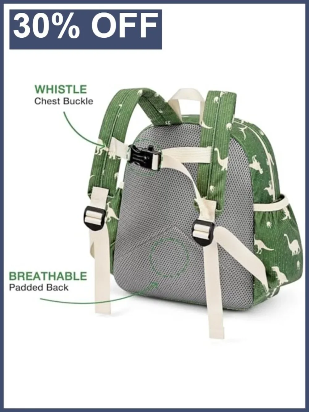 Kids Backpack for School - Corduroy Dinosaur Daypack with Whistle